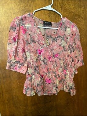 The Kooples Pink Floral Wrap-Style Peplum Blouse